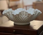 FENTON Serving/Fruit Bowl Milk Glass White Hobnail Vtg Large Ruffled Edge 11 1/2