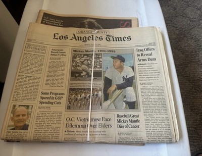 Mickey Mantle Los Angeles Times Newspaper After His Death