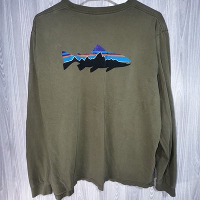 Patagonia Men's Long-Sleeved T Shirt Fitz Roy Trout Olive Green Size M
