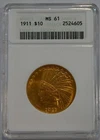 1911 $10  Indian Head Gold coin MS61 ANACS graded -  old soapbox holder!!