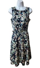 Eva Mendes Floral Dress Sz 8 Fit & Flare A line knee length sleeveless belt blue