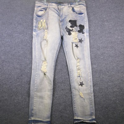 AMIRI Jeans Mens 36x29 Blue Distressed Skinny Embroidered Star Patch Denim USA