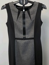 Tahari Arthur S Levine Women Sheath Dress Sleeveless Black/Grey 8 Leather Trim