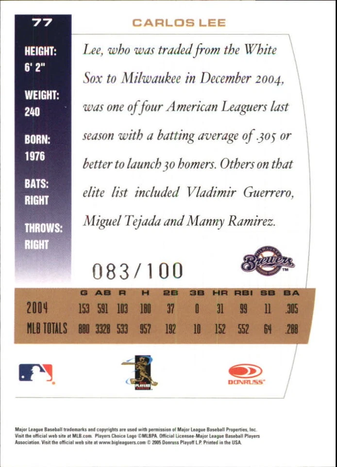 2005 Donruss Team Heroes Showdown Bronze #77 Carlos Lee /100 - BB - Image 2 of 2