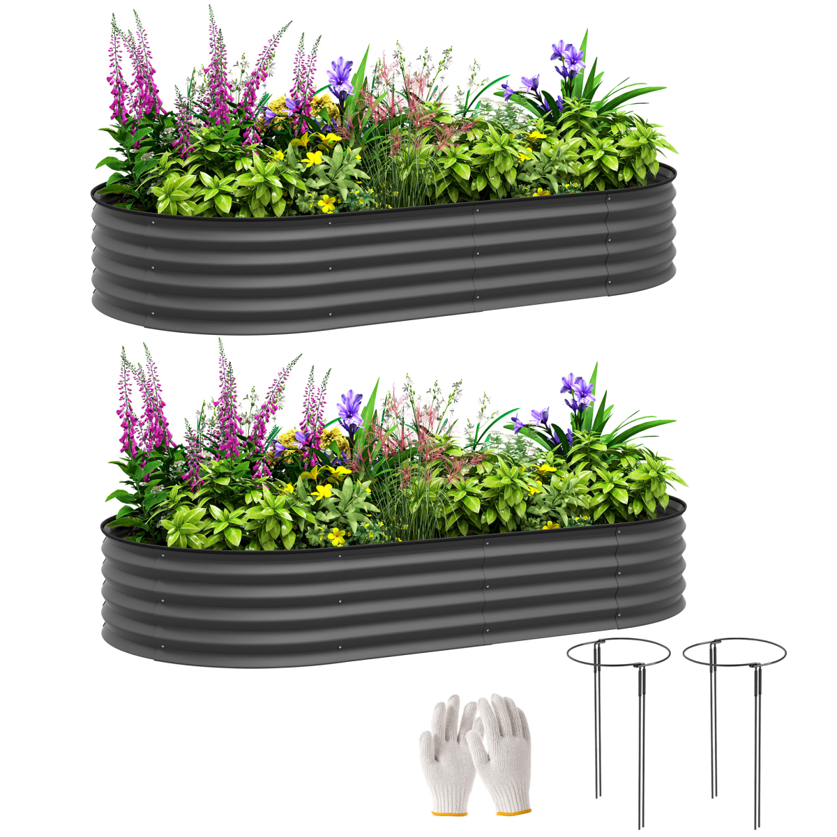 Outsunny Set of 2 Raised Beds for Garden, 181 x 93 x 30 cm, Dark Grey | Outdoor Galvanised Planter Box, Plant Support Stakes, Rubber Strap Edging, Bottomless, for Flower, Vegetable - Image 2