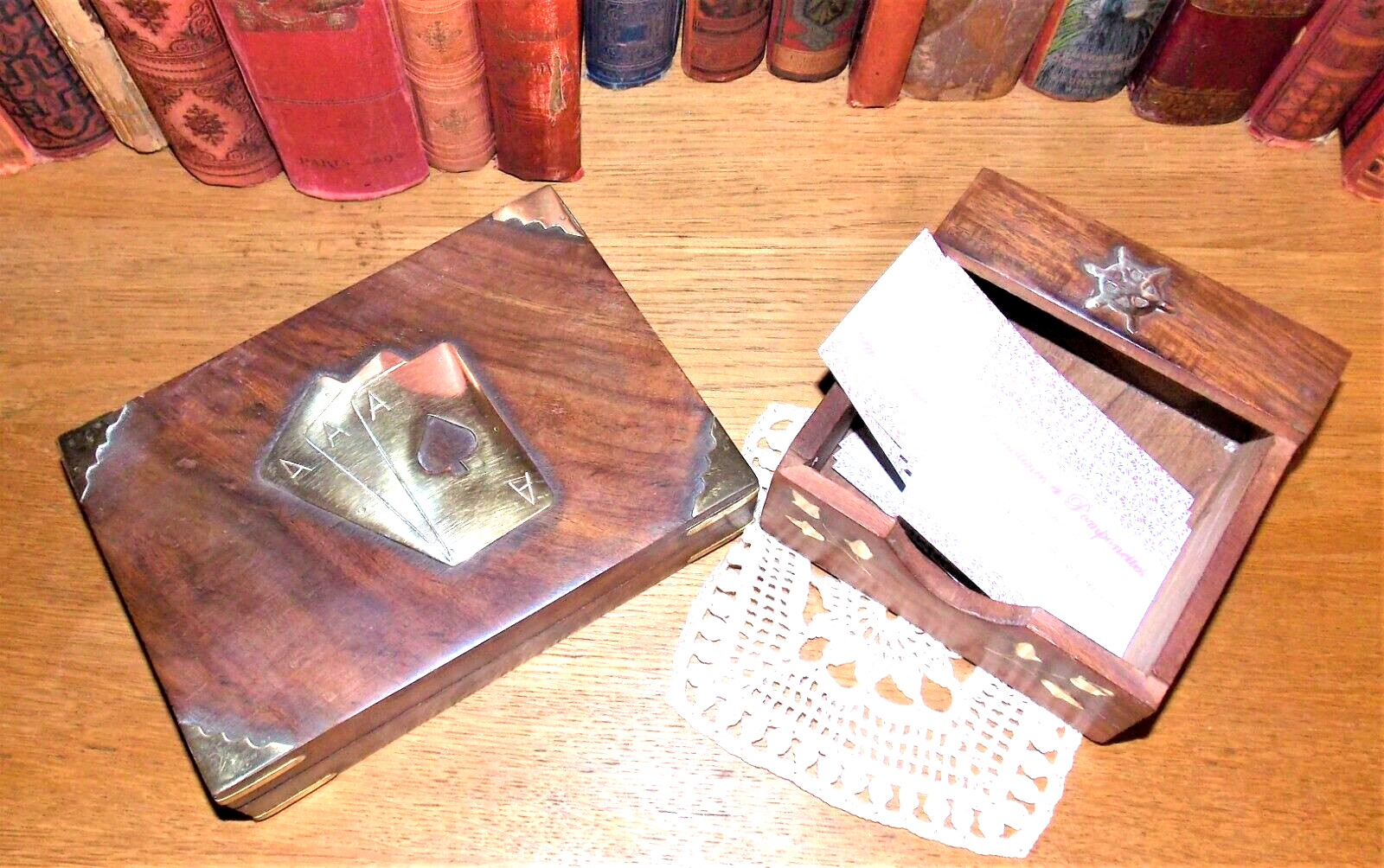 Boîte jeux de cartes et boîte pense-bête bois incrusté laiton x2