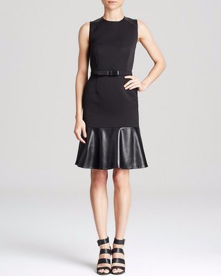 $368 Magaschoni Black Jacquard Faux Leather Belted Sheath Dress 2 NEW M375