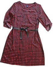 Gap Red Black Checkered Grid Dress M Button Top Ribbon Tie 3/4 Sleeve Pockets