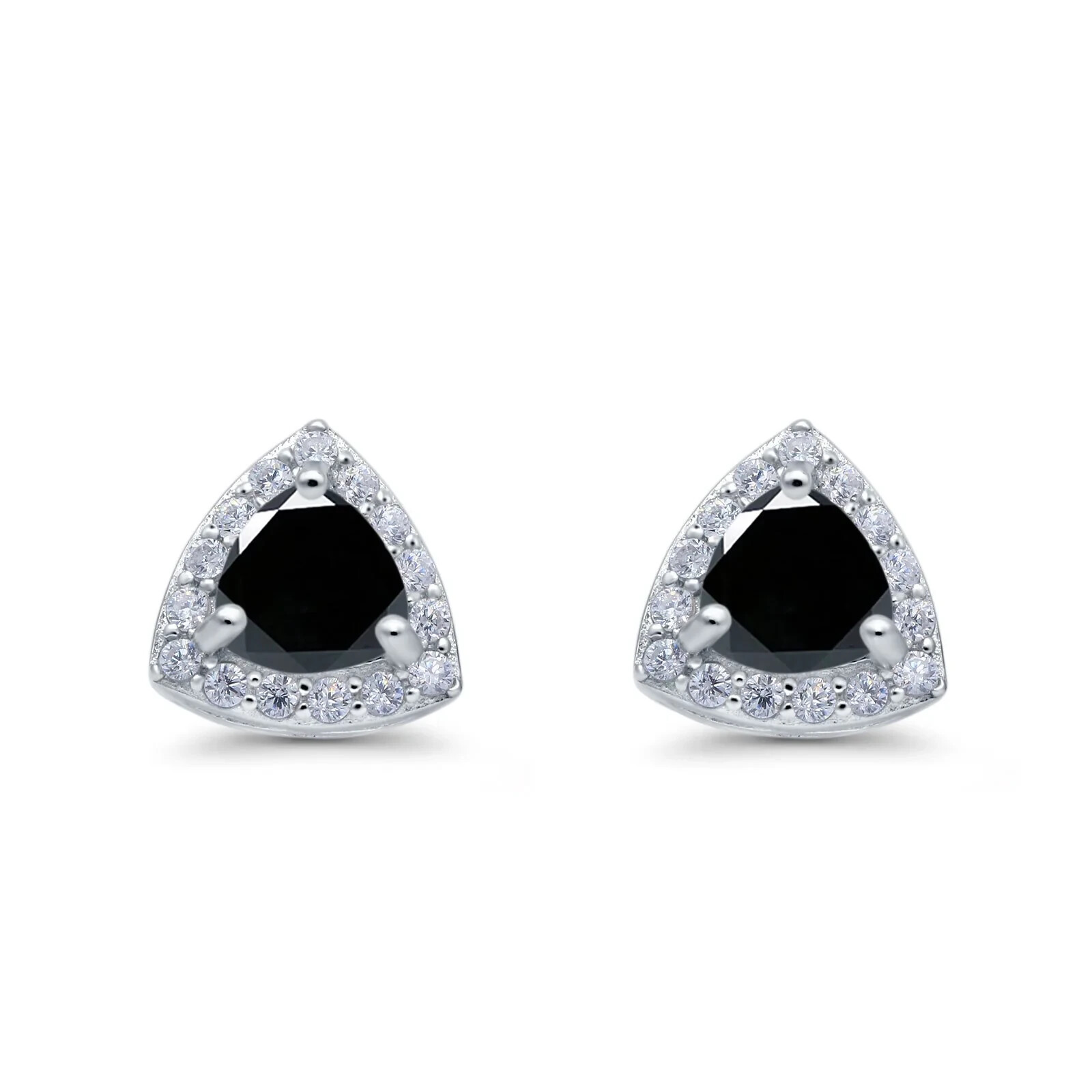 Exquisite Onyx Trillion Halo Stud Earrings in Solid Sterling Silver