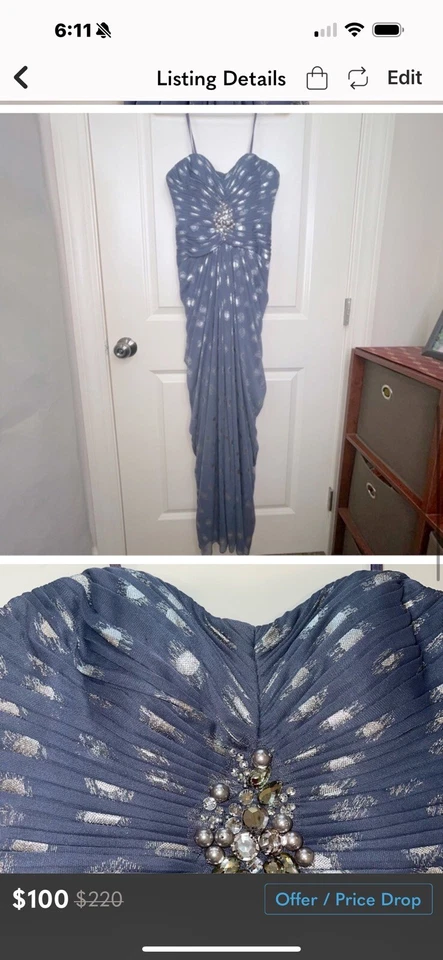 Adrianna Papell Foiled Dot Draped Mesh Gown Slate Gray Sz 2 - Image 4 of 4