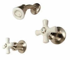 Two-handle Shower Faucet Satin Nickel Finish Porcelain Handle Compression Ste...