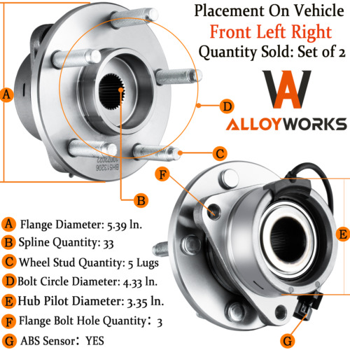 2PCS ABS 5 Lug Front Wheel Hub & Bearing for 2005 2006-2011 Chevy Cobalt HHR G5 - Picture 1 of 11