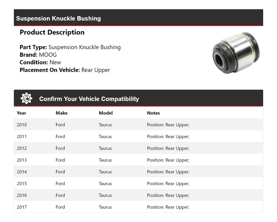 Buje de nudillo de suspensión superior trasero MOOG 2010 2011 para Ford Taurus 2010-2017 Foto 2 de 4