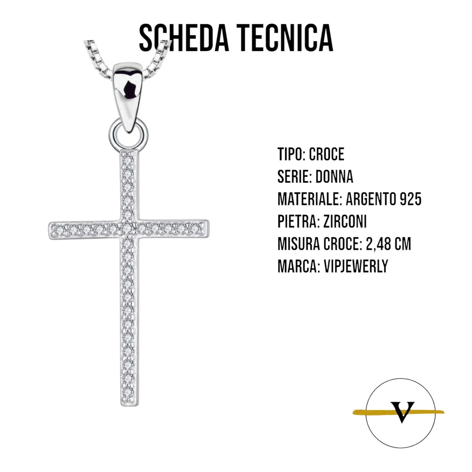 COLLANA CON CROCE IN ARGENTO 925 E ZIRCONI BIANCHI CIONDOLO PENDENTE ViP - Immagine 4 di 4