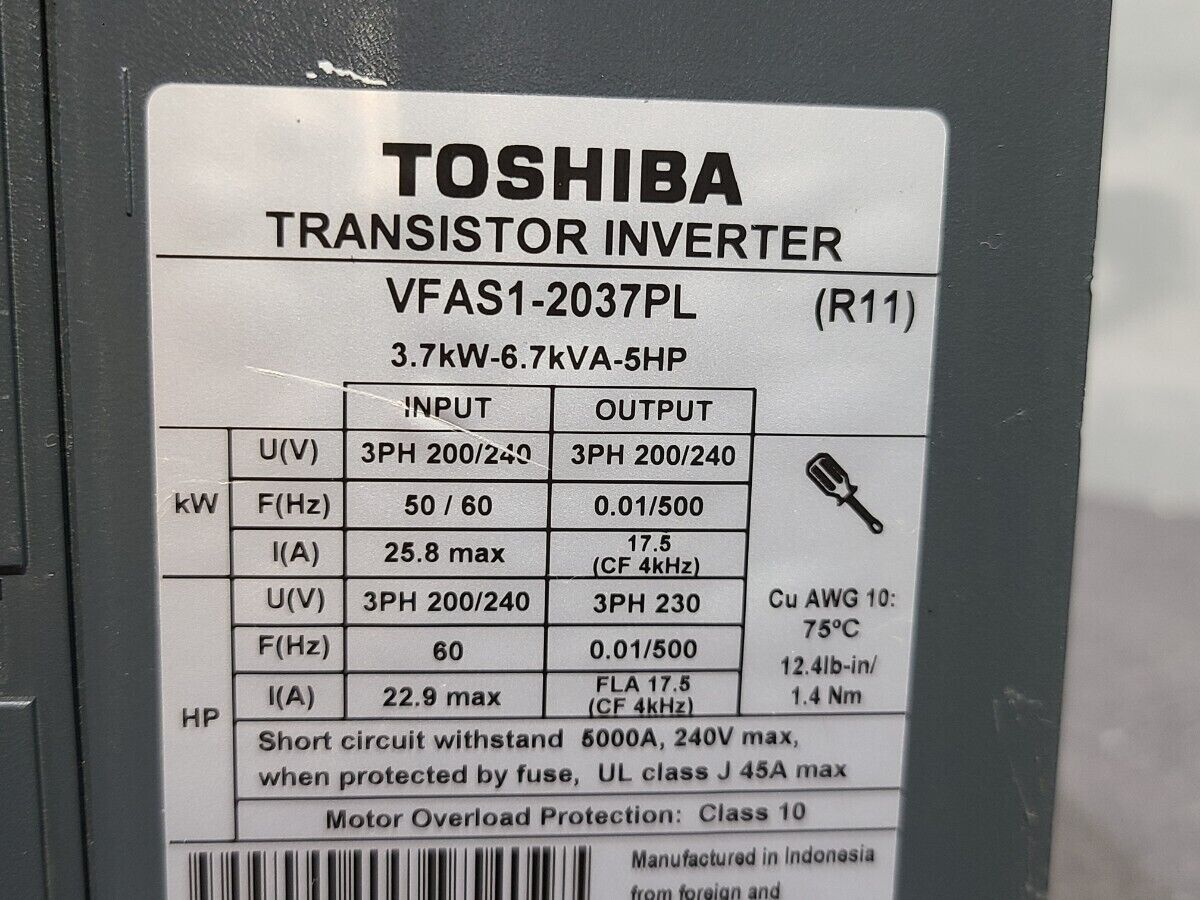 Toshiba VFD inverter VFAS1-2037PL, 3PH 200/240V 3.7kW-6.7kVA Toshiba VFD inverter VFAS1-2037PL, 3PH 200/240V 3.7kW-6.7kVA