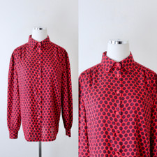 Vintage 1990s Louis Feraud Button Down Blouse Long Sleeve Collared Polka Dot Red