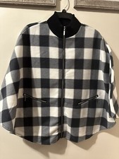 New Le Moda Fleece White/black Plaid Side Button Cape Wrap Poncho One Size