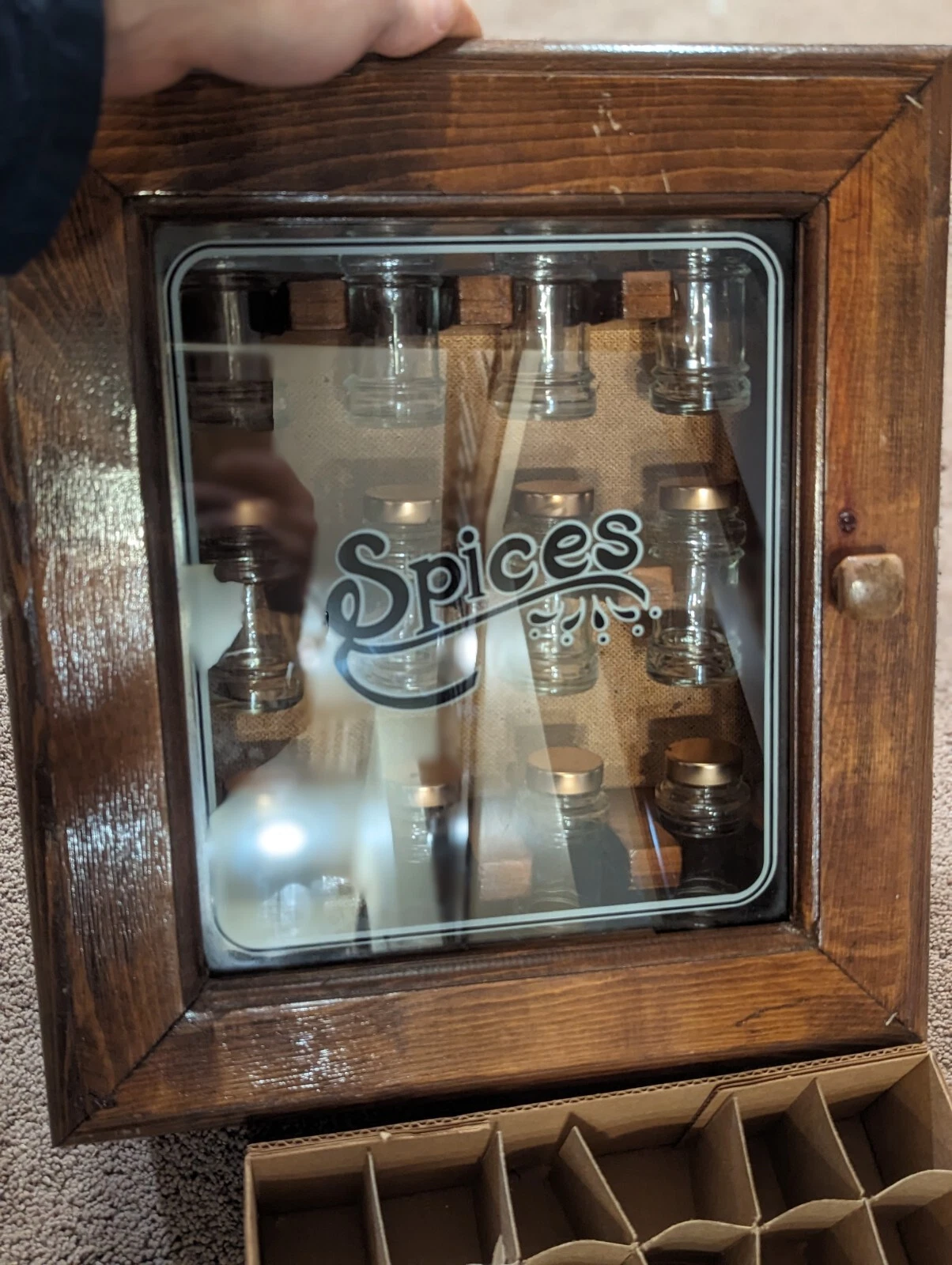 Vintage 80s Wooden Cabinet Glass Spice Rack 12 Bottles