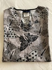 Tafford Scrub Top Size XS- Butterflies Black And White. Classic V-neck.