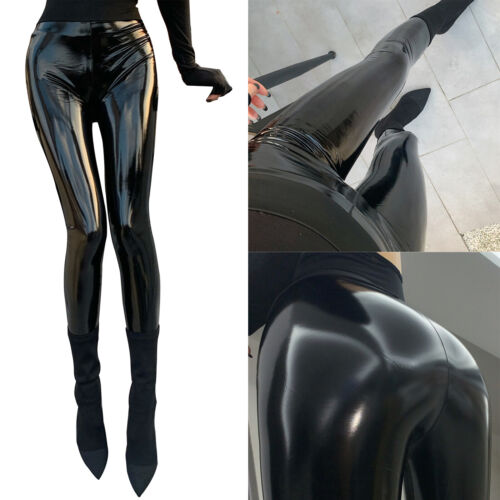 leggings femme en faux cuir pantalon noir maigre taille haute look humide danse - Photo 1/22