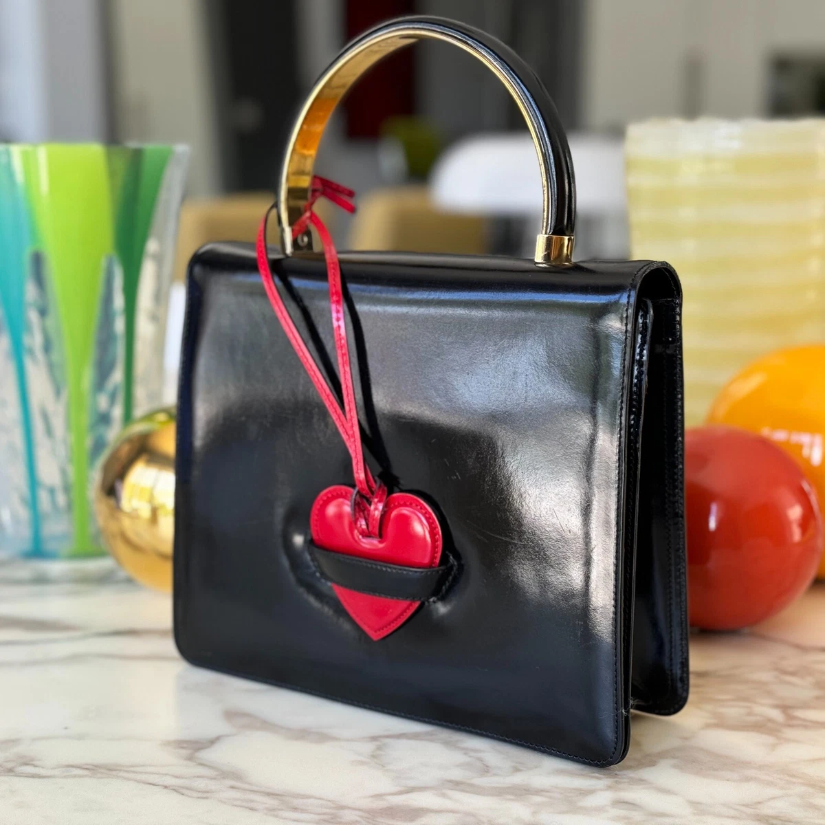 1990s MOSCHINO BAGS by Redwall black patent leather handbag w/ red