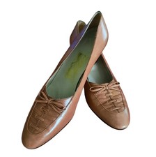 Vintage FERRAGAMO Tan Leather Classic Pumps w/Corded Leather Bow Front Sz 10 AA