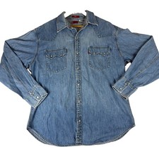 Levis Mens Large Blue Denim Western Shirt Pearl Snap Long Sleeve Cotton Solid