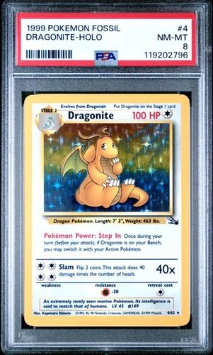 1999 Pokemon Dragonite Holo 4/62 Fossil Unlimited PSA 8 WOTC Vintage
