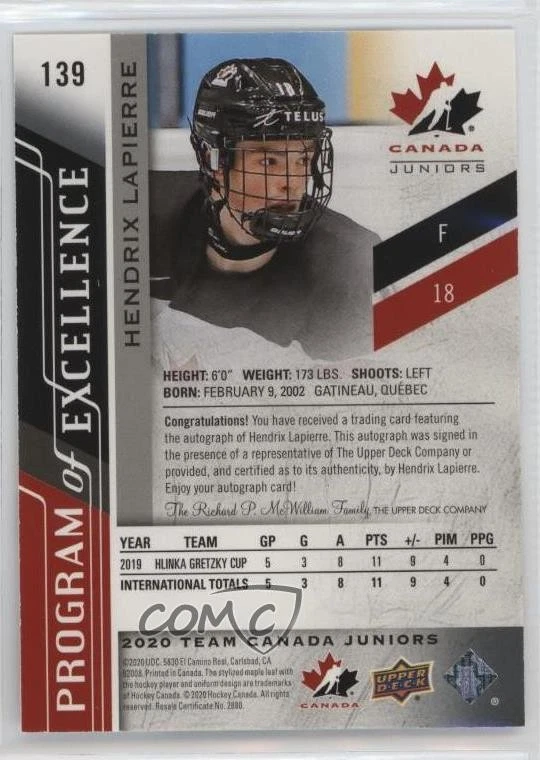 2020 Team Canada Juniors Program of Excellence Autos Hendrix Lapierre #139 Auto - Image 2 of 2