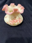 Fenton Burmese Ruffled Top Vase Dogwood Pattern Hand Painted Artist Glows
