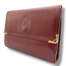 Cartier Trifold Leather Wallet Bordeaux Clasp Logo Very Good Authentic Japan
