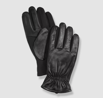 FOWNES $78 Mens Black Leather Stretch Fabric Gloves S/M -NWT