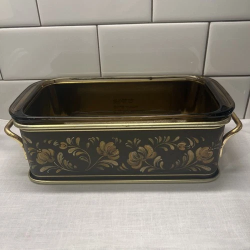 Vtg Pyrex 213 Amber Glass Loaf Pan Bread Floral Design Metal Carrier Fall Decor