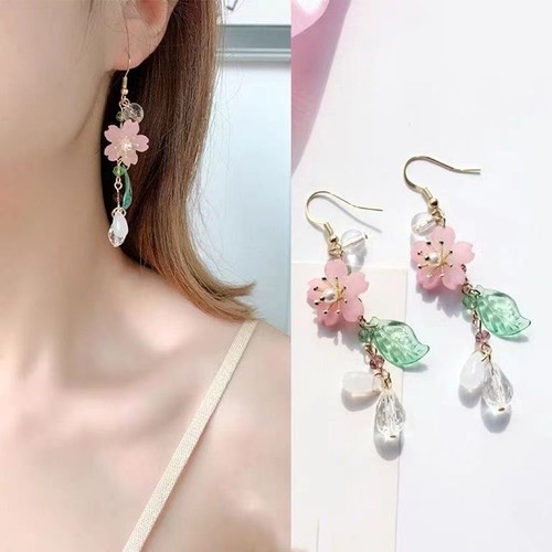 Sweet Romantic Pink Flower Leaves Earrings Women's Long Tassel Drop Earrings _dy - Picture 6 of 8