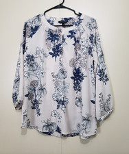 Banana Republic Women M Blouse Floral Beige Blue 1/4 Hidden Button Sheer Office