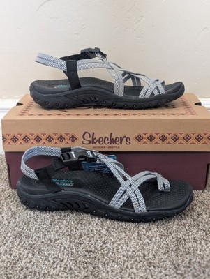 Size 10 Women's Skechers Reggae Irie Mon Black/White Strappy Sandals 163013/BKW