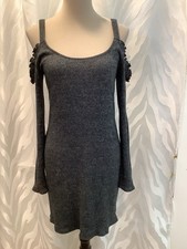 Hollister Grey Long Sleeve Cutout Shoulders Ruffle Trim Bodycon Knit Dress M