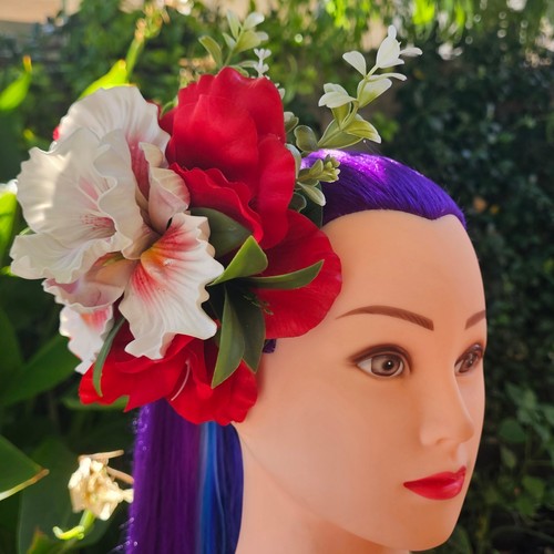 Handmade Red Gladiolus White Iris Tropical Hair Flower Rockabilly Tiki Pinup