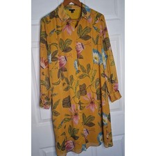 Ann Taylor Floral Shirt Dress 12 Womens Mustard Yellow Excellent Midi Collared