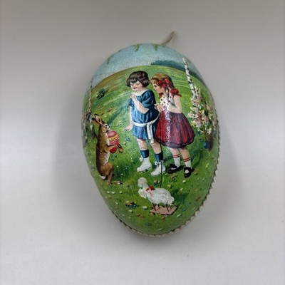 Antique German Paper Mache Egg Easter Candy Container Children and Bunny