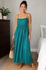 Denim & Supply Ralph Lauren Large Teal Gold Print Maxi Dress Smocked Side Slit