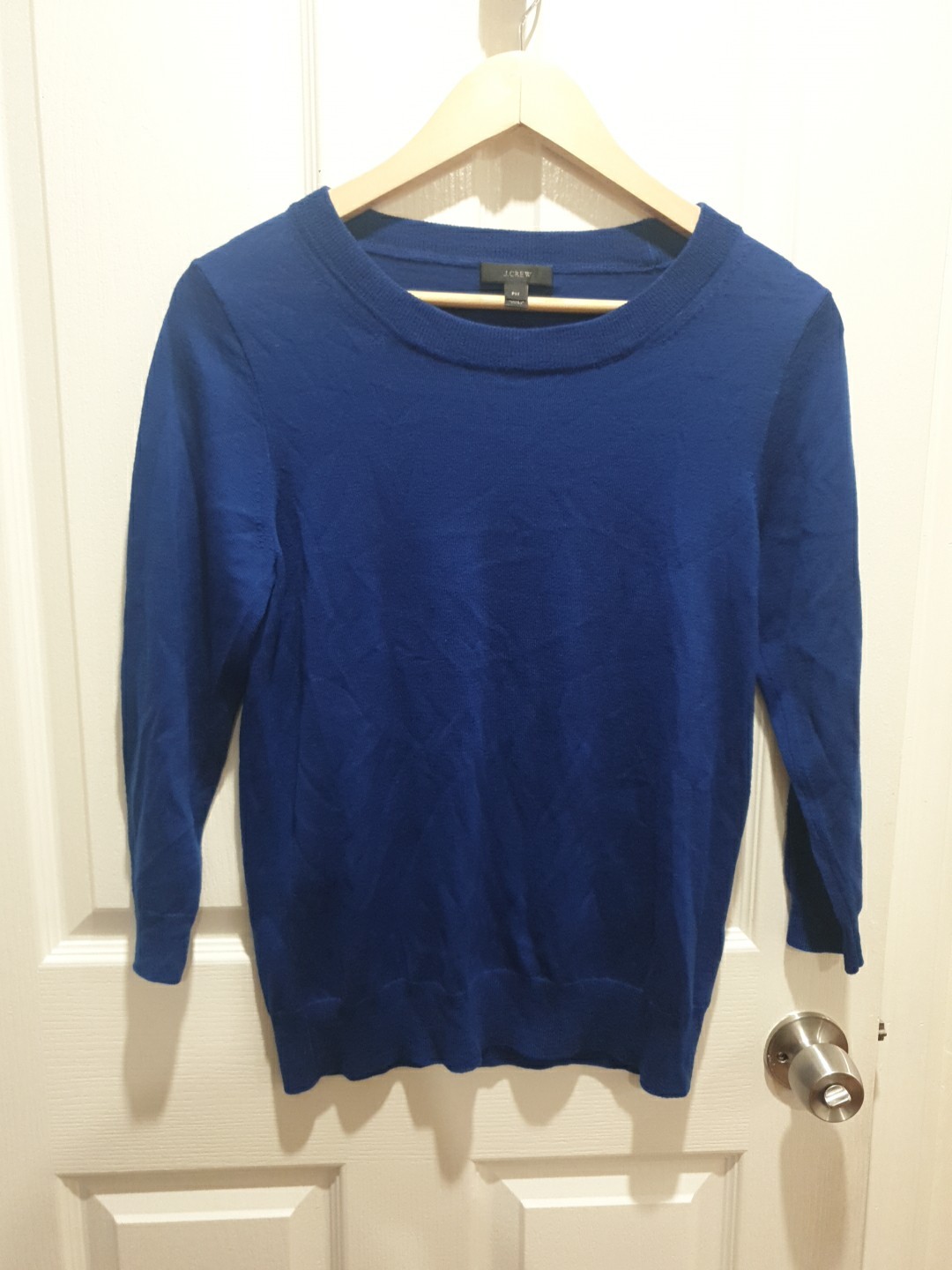 J.Crew Womens PM Sweater Top Pullover Wool Knit  Blue Tippi 3/4 Sleeve Crew Neck