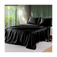 Sasttie Satin Sheets Queen Size - 4 Pieces Luxury Soft Black Silky Bed Sheets...