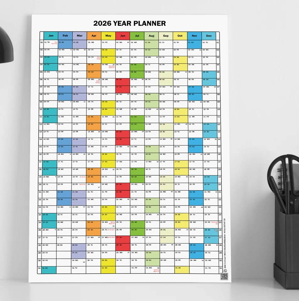 LIQUID GRAPHICS Year Planner Annual 2026 Portrait wall chart Organiser Work Rota Calender Planer
