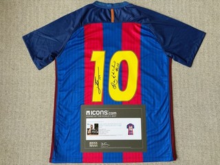 LIONEL MESSI AND RONALDINHO DUAL SIGNED FC BARCELONA 2016 HOME SHIRT. ICONS COA.