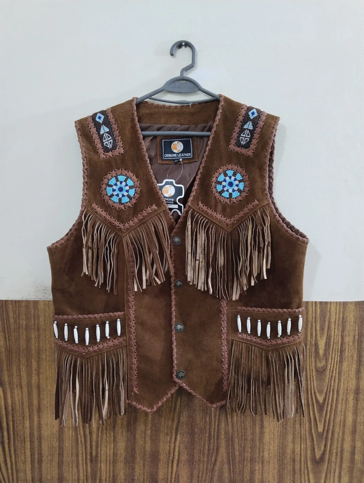 Men Native Traditional Western Cowboy Leather vest Fringe & Beaded