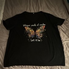 Women's Black Butterfly Graphic V-Neck Short Sleeve Polyester T-Shirt