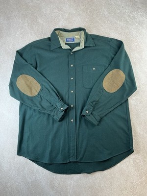 Vintage 70s Pendleton Men's Wool Trail Shirt Green Suede Elbow Patches USA XL
