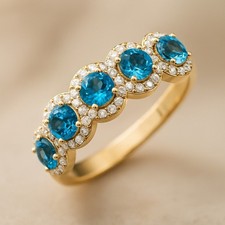 Swiss Blue Topaz  Diamond Half eternity Solid 14K Gold Ring 1013
