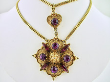 Vintage Florenza Etruscan Festoon Amethyst Purple Rhinestone Pendant Necklace